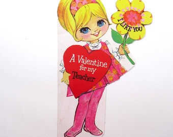 Vintage Unused Children's Valentine Card with Large Eyed Girl in Pink Dress Holding Flower Groovy Hippie Retro