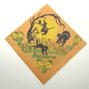 Vintage Halloween Paper Party Napkin with Black Cats Witch on Broom Owl and Jack O Lanterns image 1