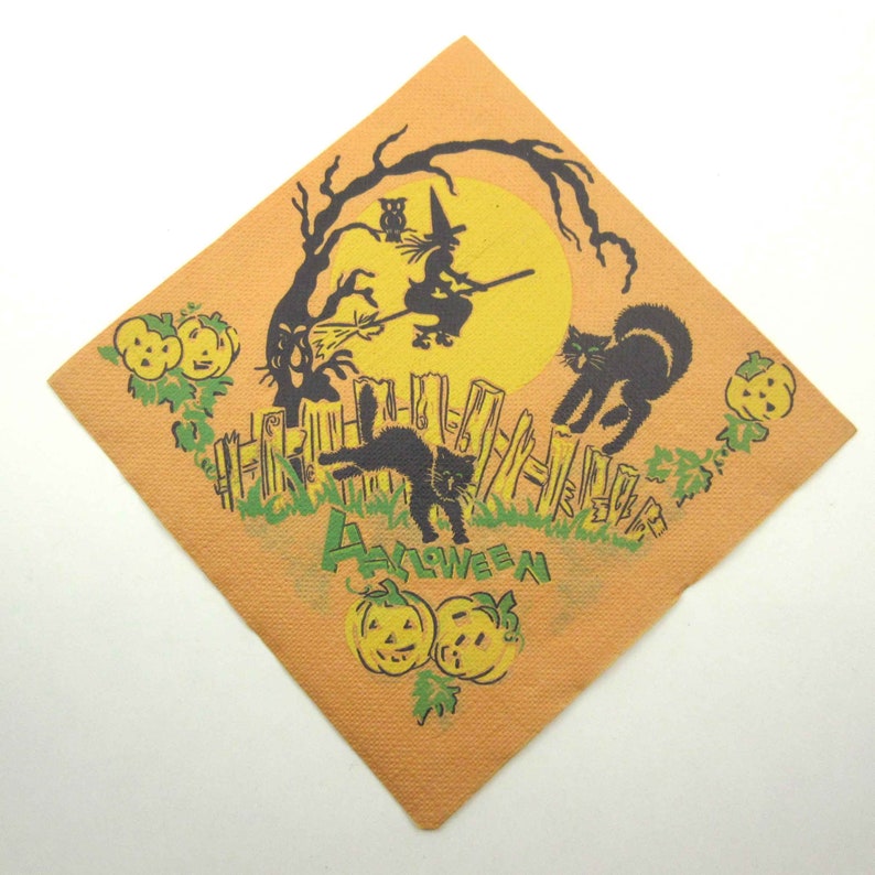 Vintage Halloween Paper Party Napkin with Black Cats Witch on Broom Owl and Jack O Lanterns image 1