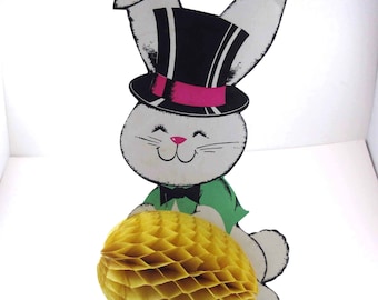 Vintage Male Rabbit and Honeycomb Egg Die Cut Cardboard Easter Decoration or Centerpiece with Easel