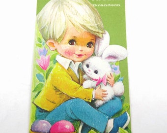 Vintage Easter Greeting Card for Grandson with Cute Boy Rabbit Basket with Eggs by Buzza Cardozo