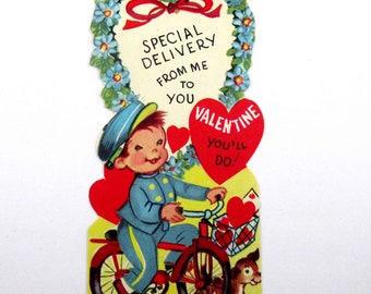 Vintage Children's Valentine Card with Little Boy Mailman Delivering Letters on Bicycle with Dog