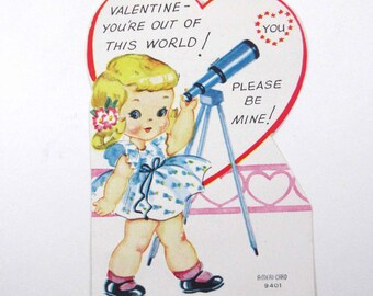 Vintage 1950s Valentine Card Cute Blonde Girl and Telescope by A-Meri-Card