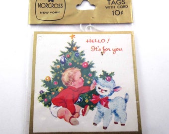 Vintage Unused Christmas String Gift Tags or Cards with Baby Lamb Tree in Original Package by Norcross Deadstock