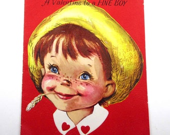 Vintage Children's Flocked Valentine Greeting Card with Cute Farmer Boy Straw Hat Wheat