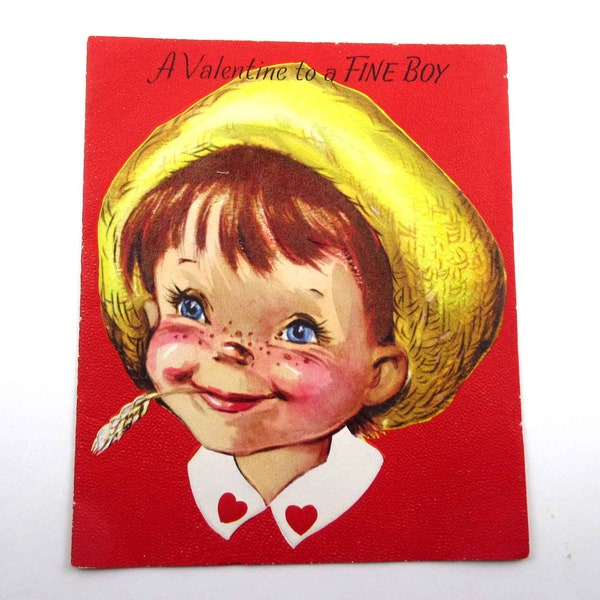 Vintage Children's Flocked Valentine Greeting Card with Cute Farmer Boy Straw Hat Wheat