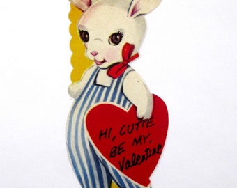 Vintage Children's Valentine Card with Cute Bunny Rabbit and Red Heart
