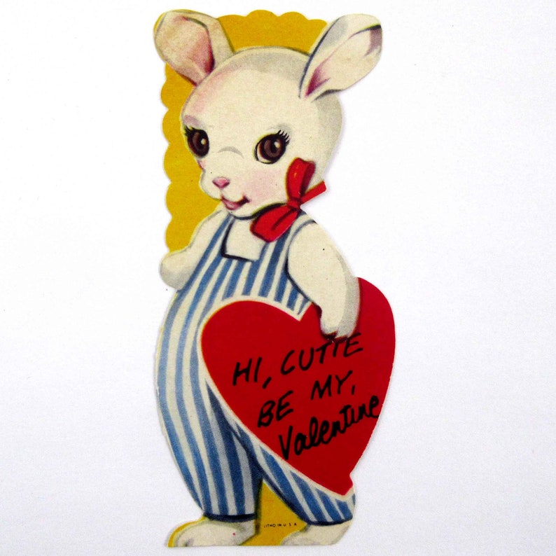 Vintage Children's Valentine Card with Cute Bunny Rabbit and Red Heart image 1