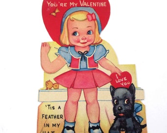 Vintage Mechanical Valentine Card with Girl and Scotty Scottie Dog