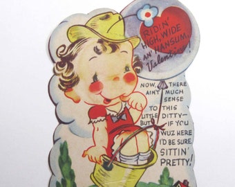 Vintage Unused Valentine Card with Cute Girl in Hot Air Balloon