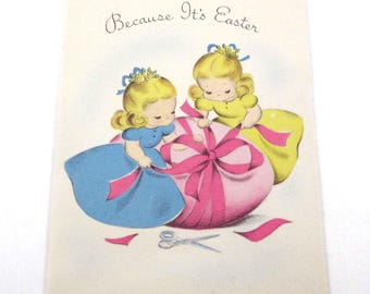 Vintage Easter Greeting Card with Cute Girls and Pink Easter Egg with Bow Ribbon by Norcross