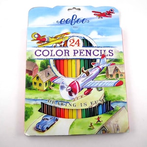 Set of 24 Eeboo Red Airplane Colored Pencils in Original Box Drawing Coloring Art Artist Supply