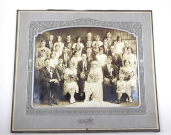 Vintage 1920s Sepia or Black & White Bridal Photograph or Photo with Wedding Party Bride Groom