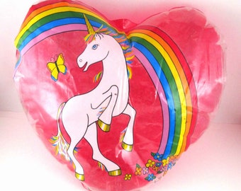 Vintage 1980s Valentine's Day Inflatable Vinyl Heart with Rainbow Unicorn Butterfly Flowers