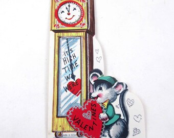 Vintage Unused Children's Valentine Card with Anthropomorphic Grandfather Clock and Mouse Time