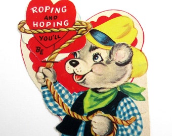 Vintage Unused Children's Valentine Card with Cute Cowboy Bear in Hat with Rope