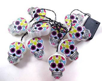 Sugar Skull Day of the Dead Hard Plastic String Lights Set of 10 Halloween