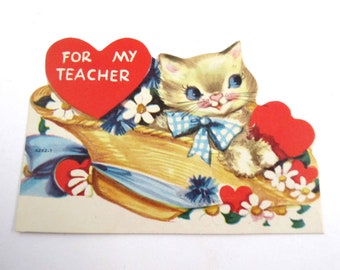 Vintage Unused Children's Valentine Card with Brown Tabby Cat in Hat