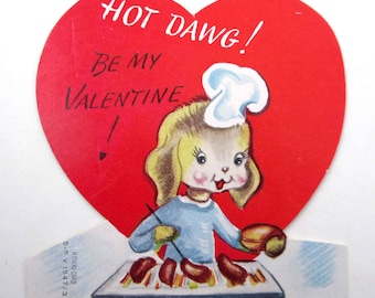 Vintage 1950s Unused Children's Valentine Card with Cute Chef Dog Grilling Hot Dogs Food Cooking by A-Meri-Card