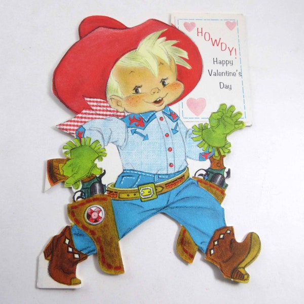 Vintage 1960s Children's Valentine Card with Cute Boy Cowboy in Boots Guns by Hallmark