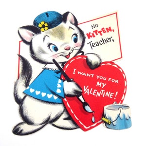 Vintage Children's Valentine Card for Teacher with Adorable Grey and White Cat or Kitten with Paintbrush Paint Can