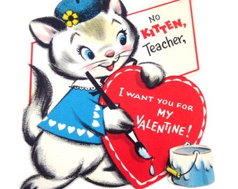 Carte de Saint-Valentin vintage pour enfants pour enseignant avec un adorable chat ou chaton gris et blanc avec un pot de peinture au pinceau