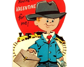 Vintage Unused Children's Valentine Card with Commuter Boy Breifcase Newspaper and Train Railroad