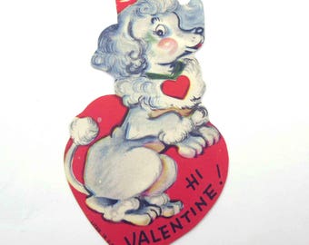 Vintage Children's Valentine Greeting Card with Grey and White Poodle Red Hair Bow