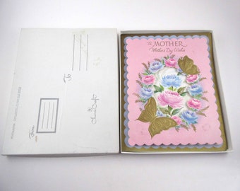 Vintage Unused 3D Mother's Day Greeting Card in Original Box with Pink and Blue Roses Butterflies Charm Craft