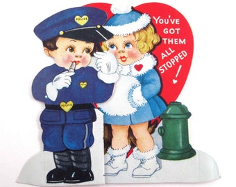 Vintage Children's Valentine Card with Cute Policeman Police Girl with Muff Dog Fire Hydrant by A-Meri-Card