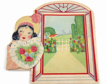 Vintage Valentine Card with Pretty Lady and Window with Scenery House Flowers