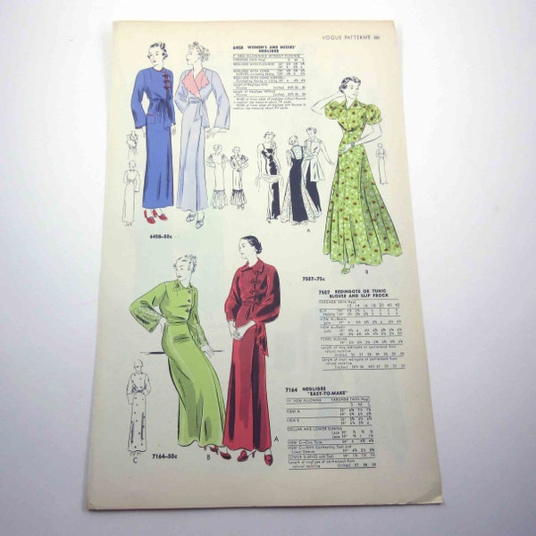 Vintage 1930s Vogue Large Sewing Pattern Catalog Page with Women's Clothing Negligee Bathrobe Nightgown Pyjamas Pajamas Dress Frock