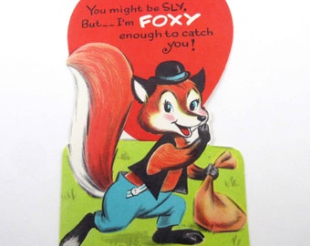 Vintage Unused Valentine Card with Cute Sly Fox and Bag