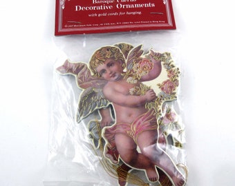 Vintage 1980s Die Cut Cardboard Baroque Cherub or Angel Ornaments or Decorations Merrimack Hong Kong in Original Package