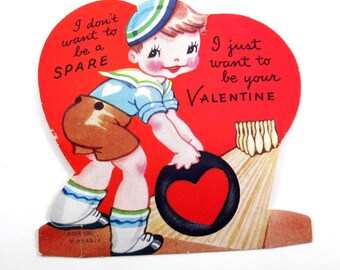 Vintage 1950s Children's Valentine Card with Cute Boy Bowling Ball and Pins by A-Meri-Card