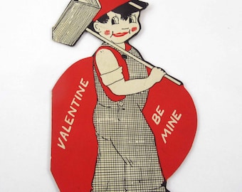 Vintage Children's Black and Red Valentine Greeting Card with Cute Boy Carrying Brick Hod