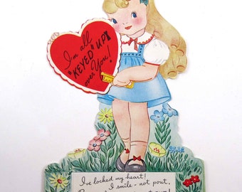 Vintage Children's Mechanical Valentine Card with Cute Girl Holding Key by A-Meri-Card