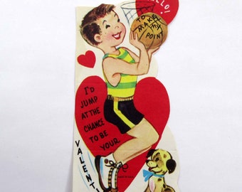 Vintage Children's Valentine Card with Boy Playing Basketball with Dog