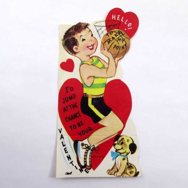 Vintage Children's Valentine Card with Boy Playing Basketball with Dog