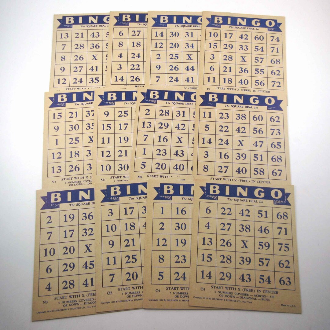 Vintage 1930s Blue and Tan Bingo Cards by Selchow & Righter Set of 12 ...