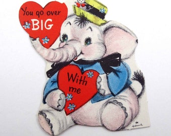 Vintage Unused Children's Valentine Card with Cute Elephant in Hat by Hallmark