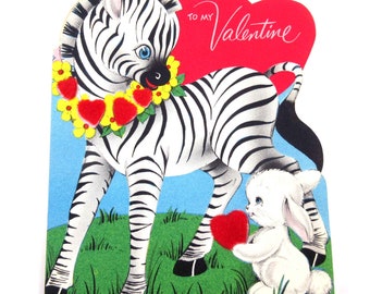 Vintage Children's Flocked Valentine Greeting Card with Cute Zebra and Bunny Rabbit