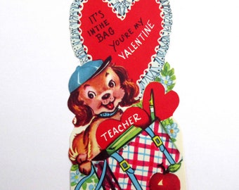 Vintage Unused Children's Valentine Card for Teacher with Puppy Dog in Baseball Cap Bag Book Pen Apple