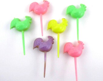 Vintage Puffy Rooster or Chicken Novelty Cupcake Picks or Toppers Set of 6 Lot A