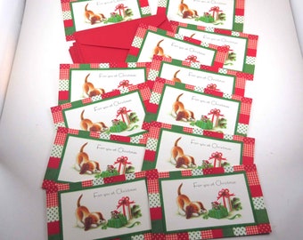 Vintage Unused Calico Christmas Greeting Cards with Cute Dog Mouse Presents by Gibson Set of 12