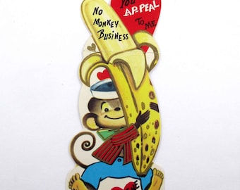 Vintage Children's Valentine Card with Cute Monkey and Banana Food