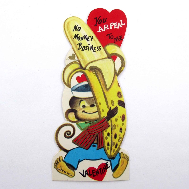 Vintage Children's Valentine Card with Cute Monkey and Banana Food image 1