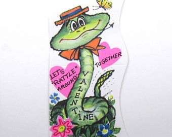 Vintage Unused Children's Valentine Card with Cute Rattlesnake Snake in Hat Butterfly