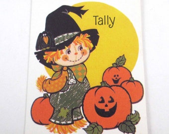 Vintage Unused Halloween Bridge Tally Card with Scarecrow Jack O Lanterns Vulture Buzzard by Hallmark