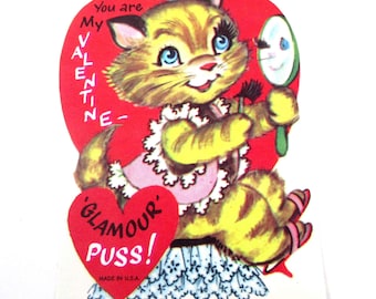 Carte de Saint-Valentin vintage inutilisée avec faux cils de chat mignon et miroir anthropomorphe Glamour Puss maquillage cosmétiques beauté